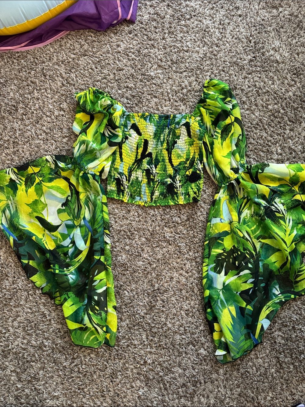 Live 4 Truth Green Tropical Off-Shoulder Smocked Crop Top